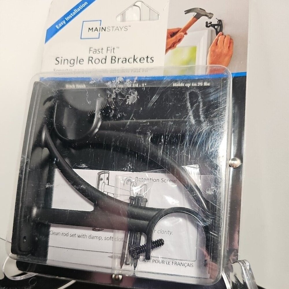 3/4"-1" Black Fast Fit™ Easy Install Single Curtain Rod Brackets, by Mainstays
